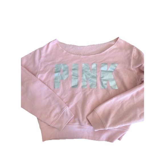 VTG Victorias Secret Pink Sweatshirt Y2k Raw Edge Cut Neckline Cropped Large Med - Picture 1 of 9